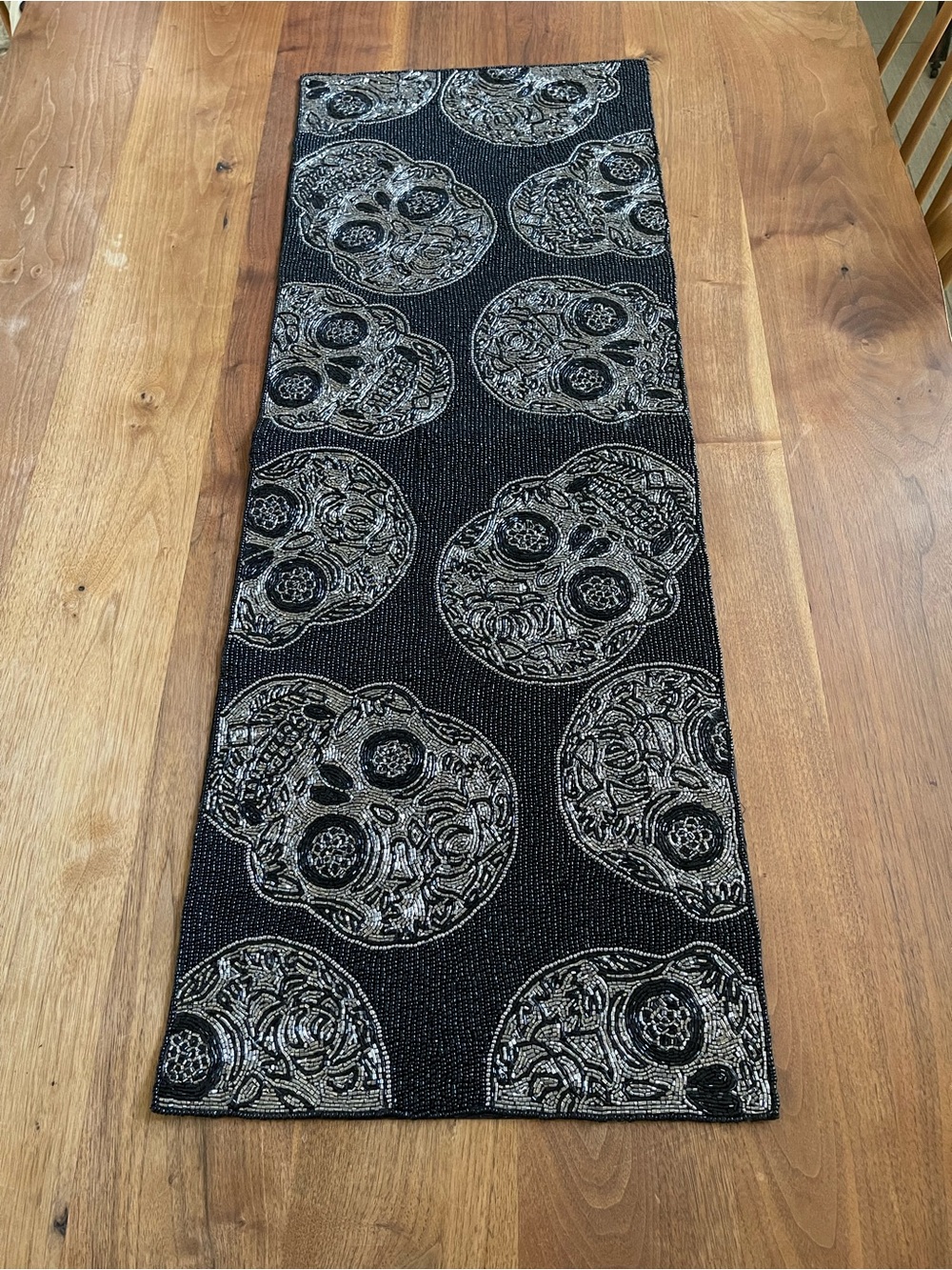 Nicole miller Black and Silver Sugar Skull Table Runner rhinestone embroidery